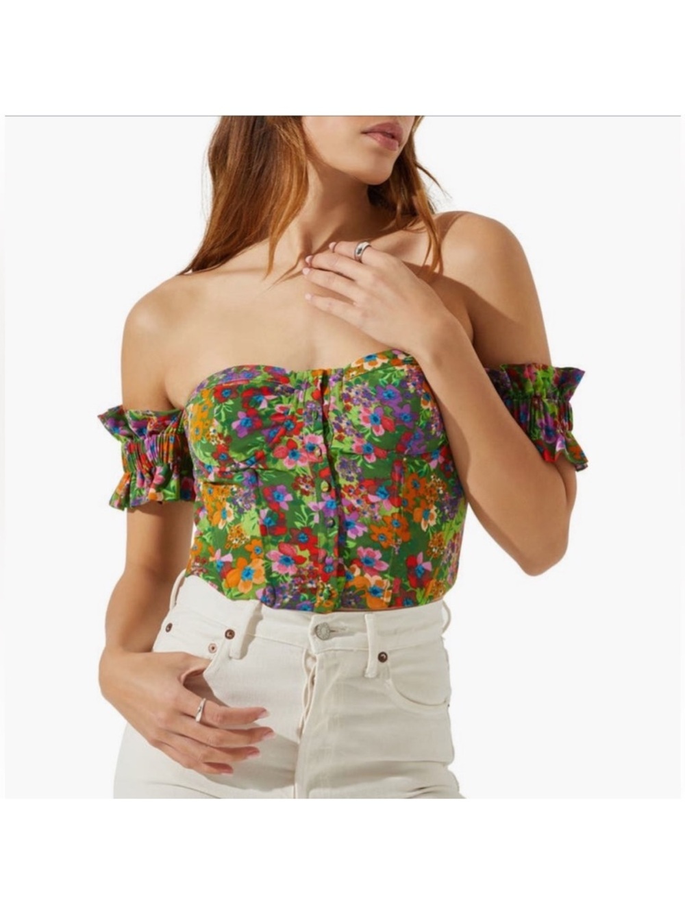 Astr Green Multi Floral Off-Shoulder Corset Crop Top
